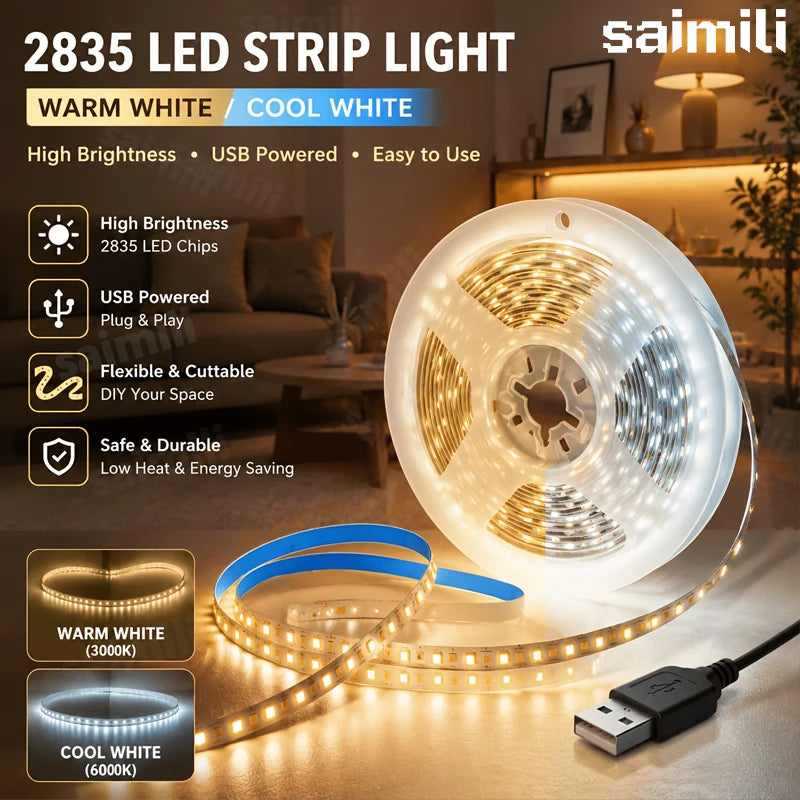 SMD2835 LED Light Strip DC5V USB Flexible Self Adhesive Tape Cuttable Design For Kitchen Stair Bedroom Indoor Atmosphere Lamp Vue