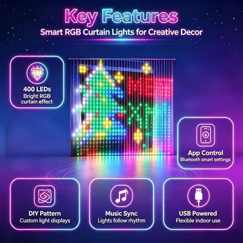 400 LED Smart RGB Fairy Curtain Lights, App Controlled Music Sync for Gaming Room Bedroom Window Decor Vue