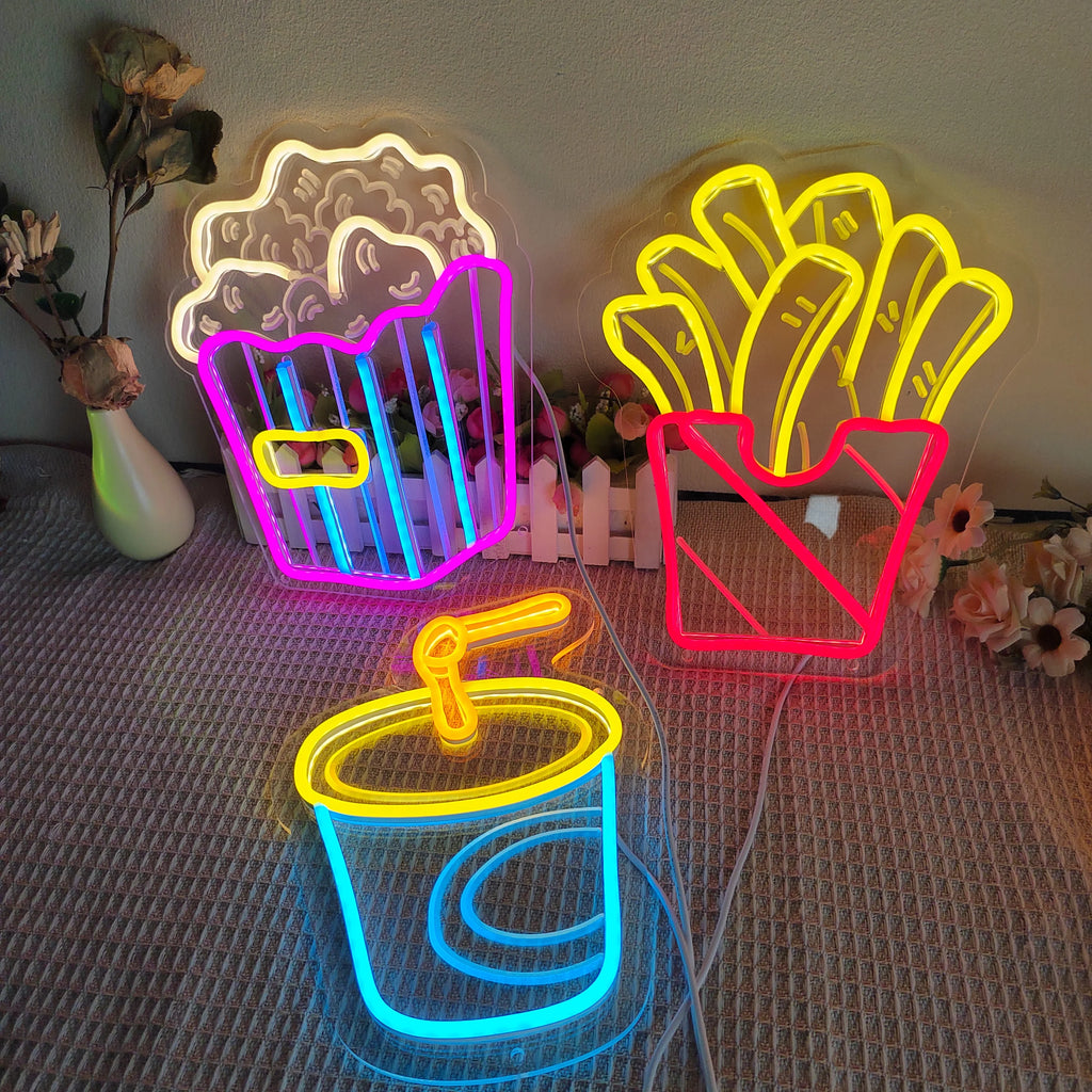 Business Neon Light Led Lights French Fries Popcorn Sign For Restaurant Eating House Decor Wall Neon Sign Fast Food Shop Cinema Vue