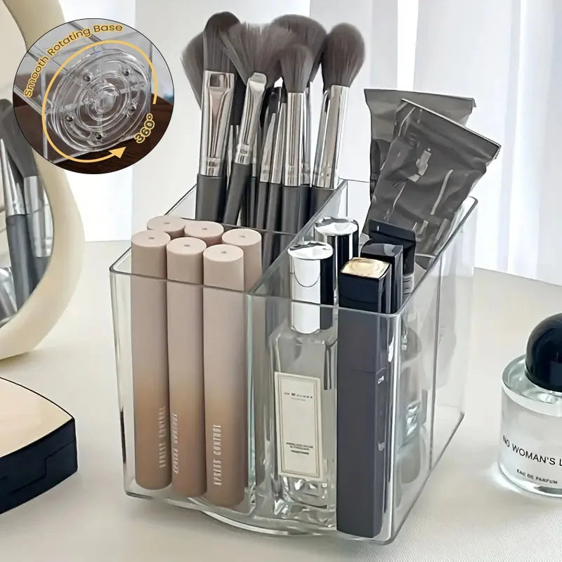 360° Rotating Makeup Brush Storage Box Portable Makeup Brush Organizer Case with Multiple Compartments Desk Comestic Tools Box Vue
