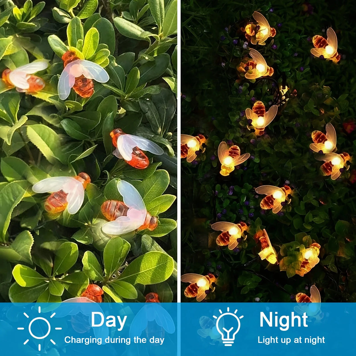 Life-Like Solar Bee Lights - 20/50 LEDs, Auto On/Off, 8 Modes for Christmas, Halloween, & Garden Glowing! Vue