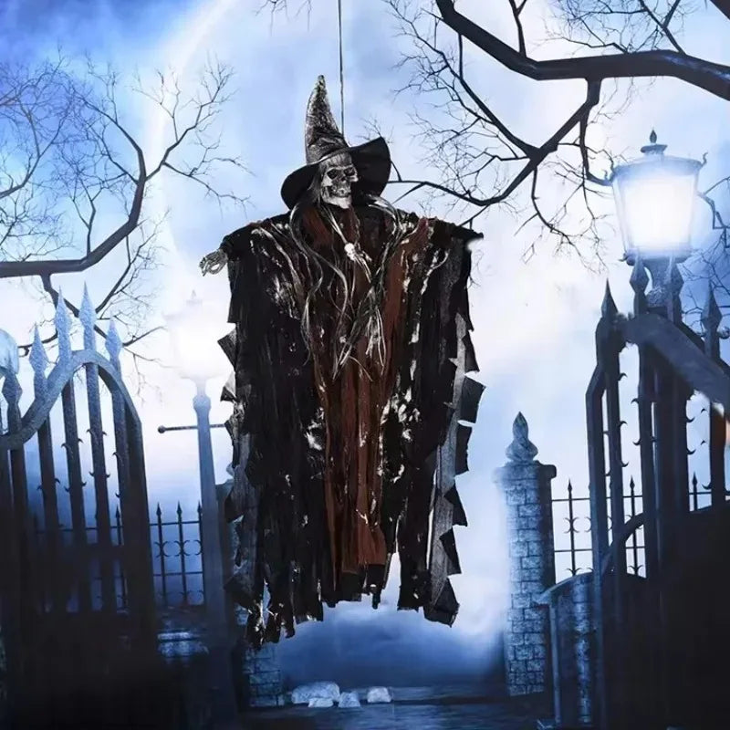 Halloween Electronic Glow Skeleton Ghost Head Hanging Ornament with Scary Sound for Haunted House Party Decor Prop Vue
