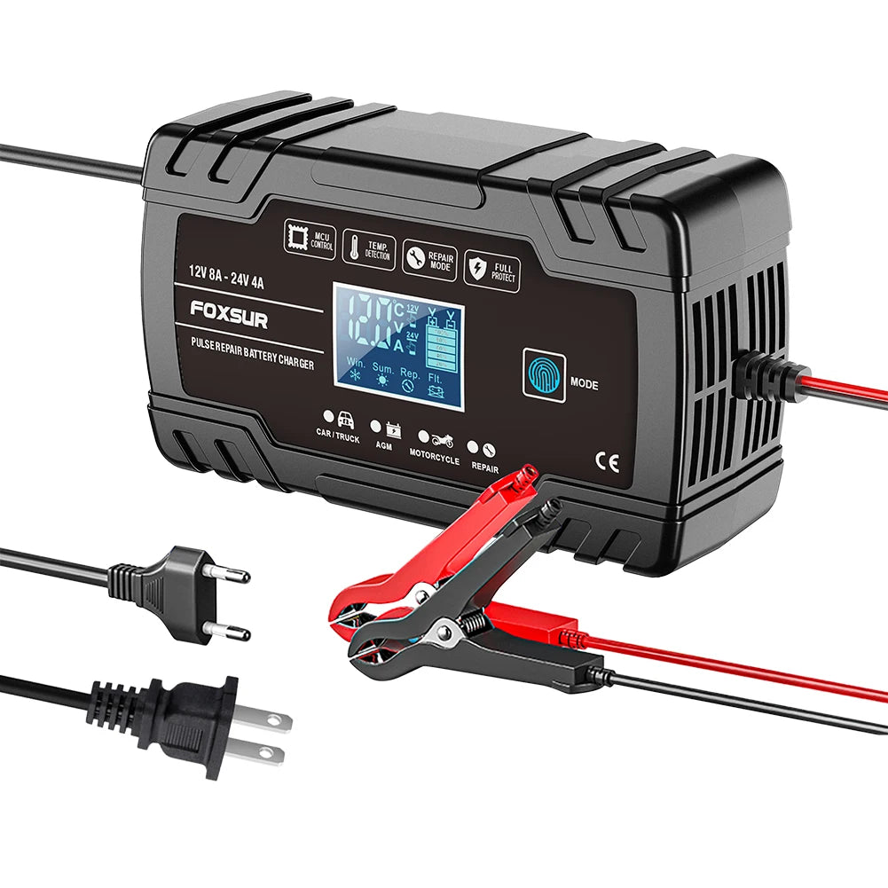 12V 24V 8A Smart Battery Charger | 3-Stage LCD AGM GEL Lead-Acid Smart Battery Charger Vue