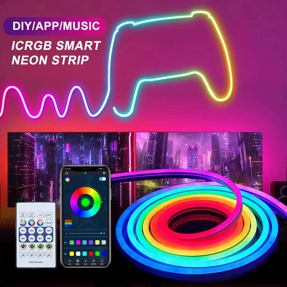 5V USB RGBIC Neon LED Strip Lights with Bluetooth APP Control Music Sync Waterproof Flexible Tape for Gaming Room Party Decor Vue