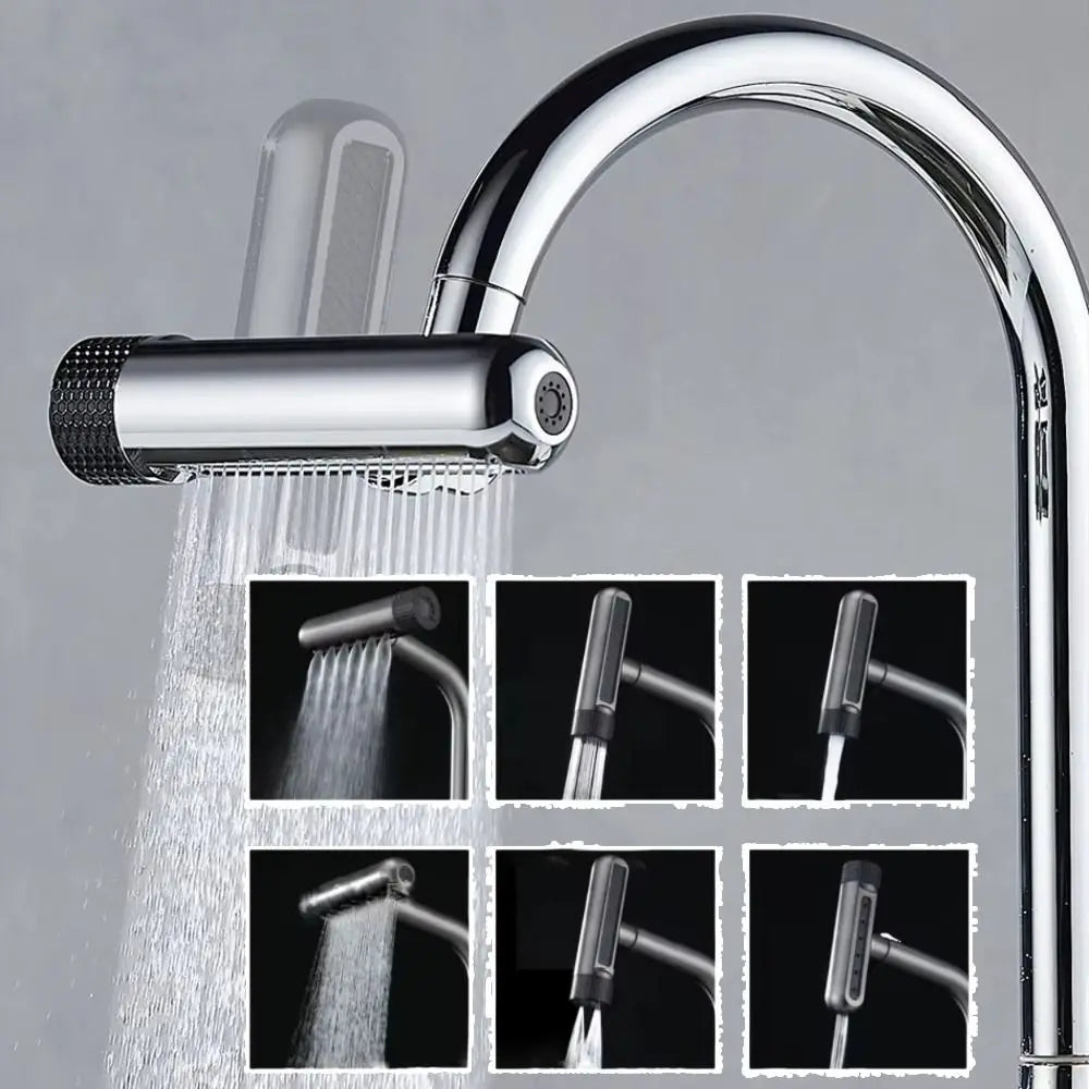 6 Modes Kitchen Splash Proof Faucet 360° Rotating Stainless Steel Swivel Waterfall Faucet Universal Replaceable Vue