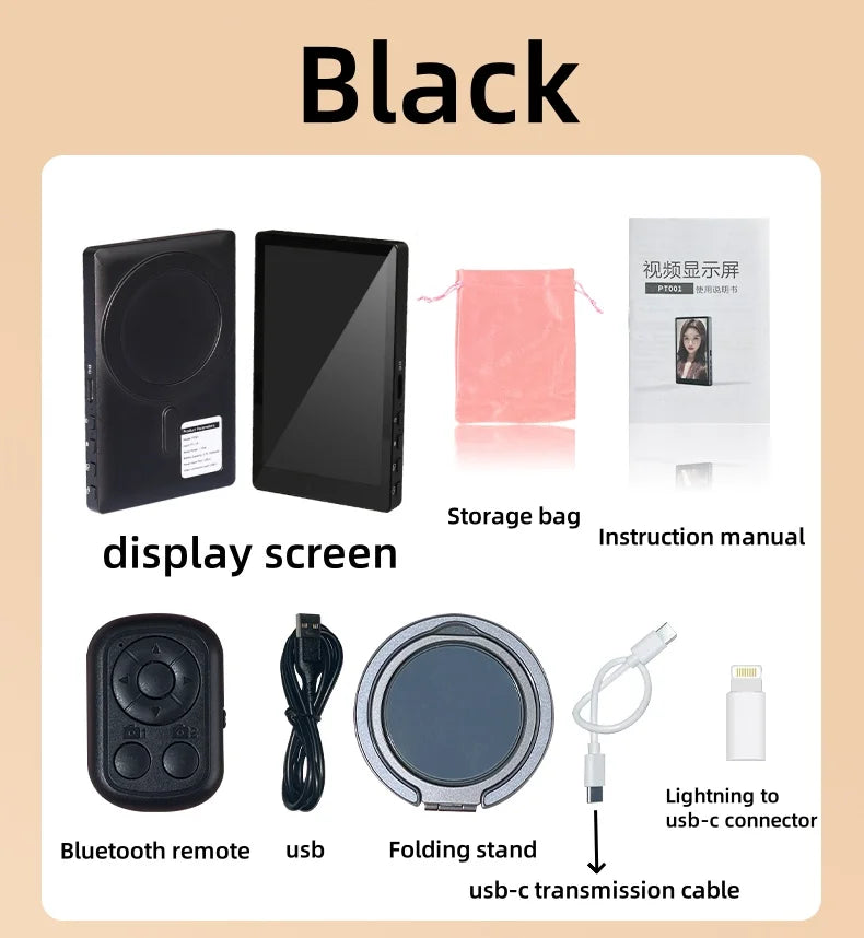 Wireless Magnetic Monitor Screen for Live Selfie Monitor Screen with Screen Mirroring Vlog Live Stream Selfie Monitor Vue black
