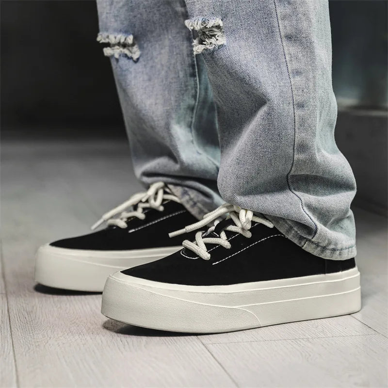Men's Thick Sole Low Top Casual Sneakers – Lace-Up Board Shoes Casual Board Shoes Vue Black 40