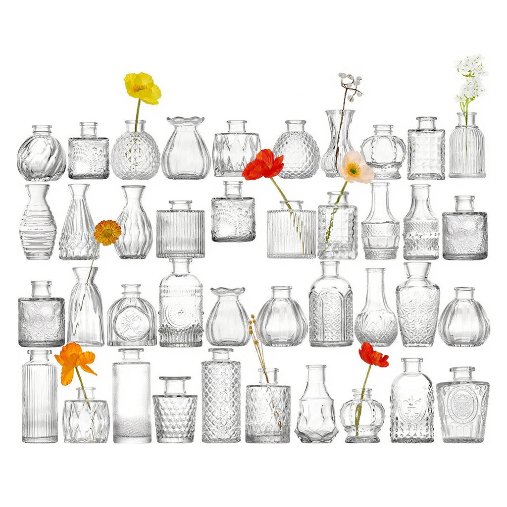 40PCS French Retro Relief Mini Glass Vase Simple Desktop Decor Bottle Transparent Striped Flower Vases Home Office Decoration Vue 40pcs