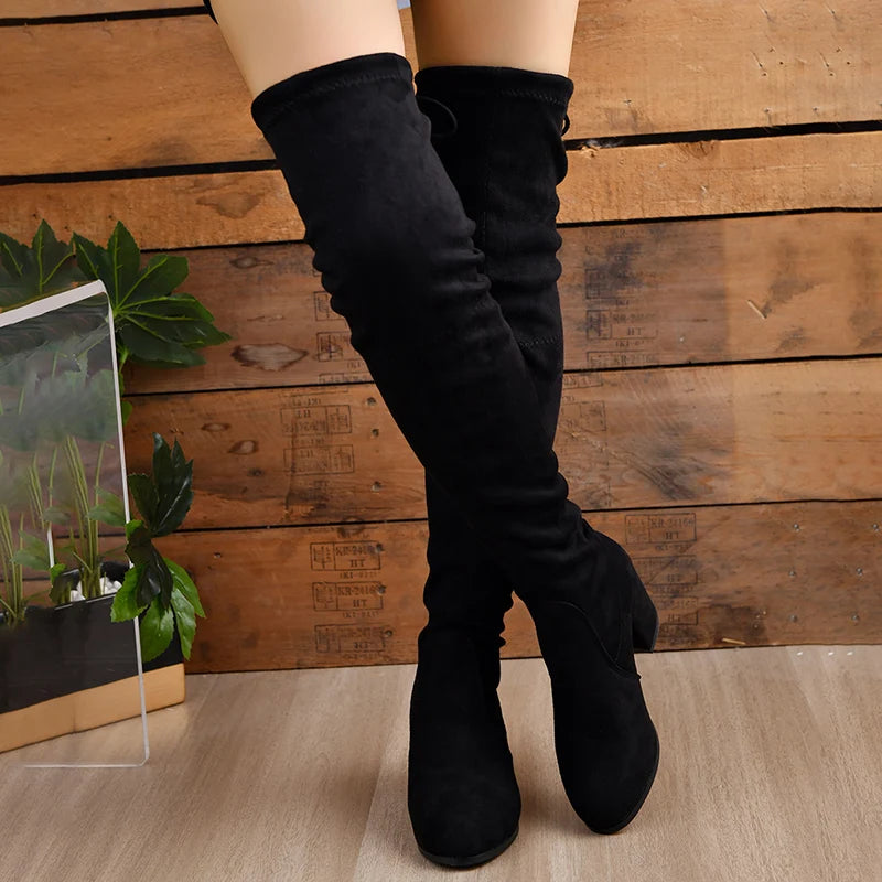 Women's Thigh High Lace-Up Platform Stretch Boots | Block Heel Thigh High Boots Vue