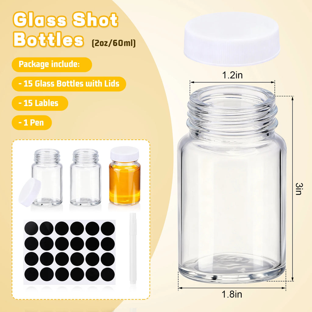 15-Pack 60ml Refillable Glass Mini Jars with Labels & Pen Glass Storage Jars Vue