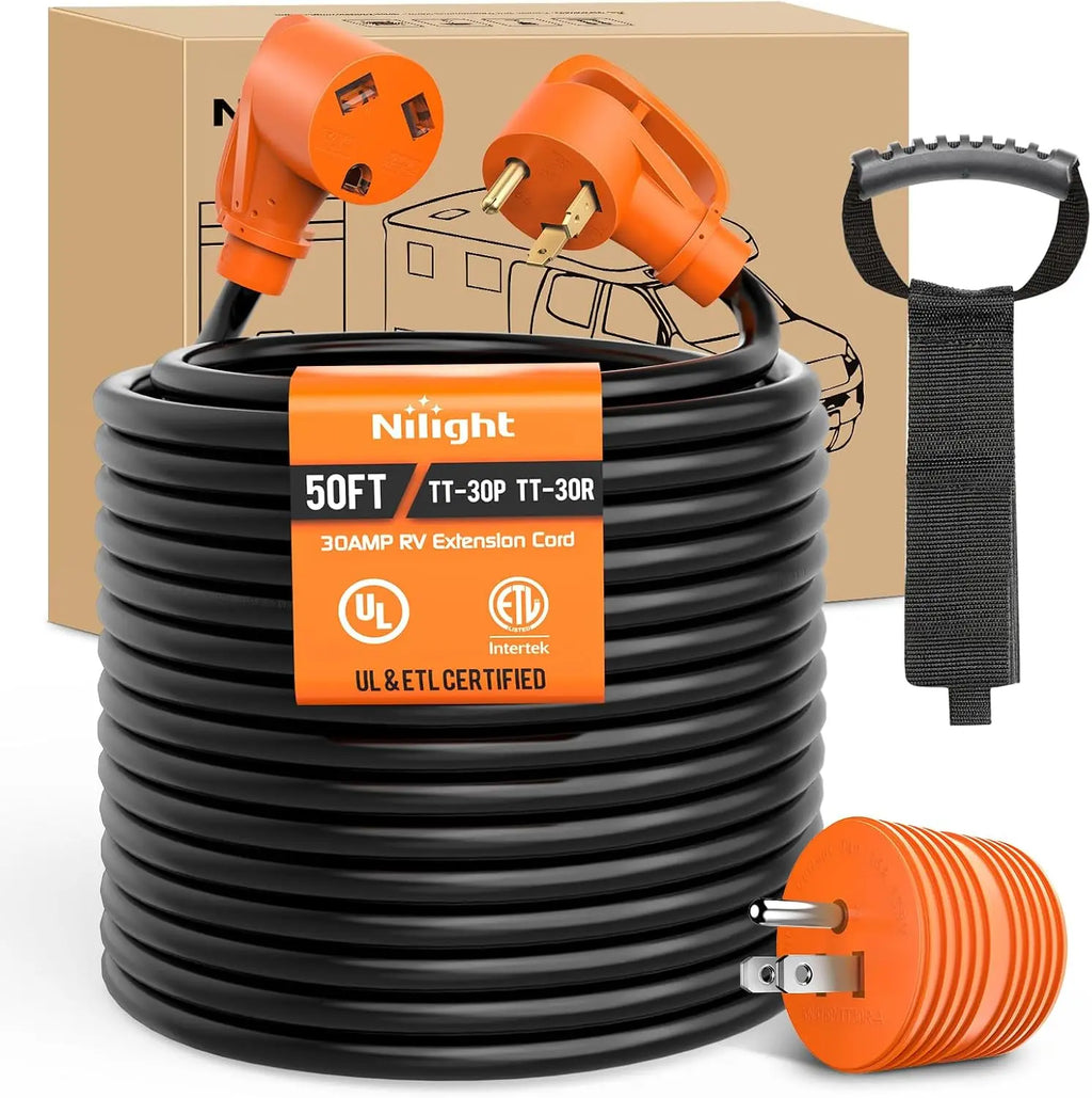 Nilight 50FT 30 Amp RV Extension Cord with Adapter 15Amp to 30Amp 125V Heavy Duty 10/3 Gauge Pure Copper STW Wire UL ETL Listed 3 Prong TT-30P TT-30R Weatherproof Suit for Generators Campers Vue United States black