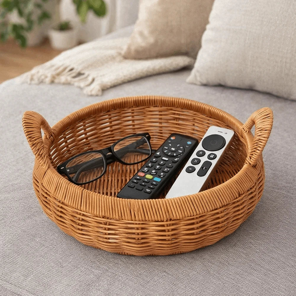 Large Capacity Imitation Rattan Storage Basket Plastic Decorative Round Rattan Storage Tray Handmade with Handle Vue