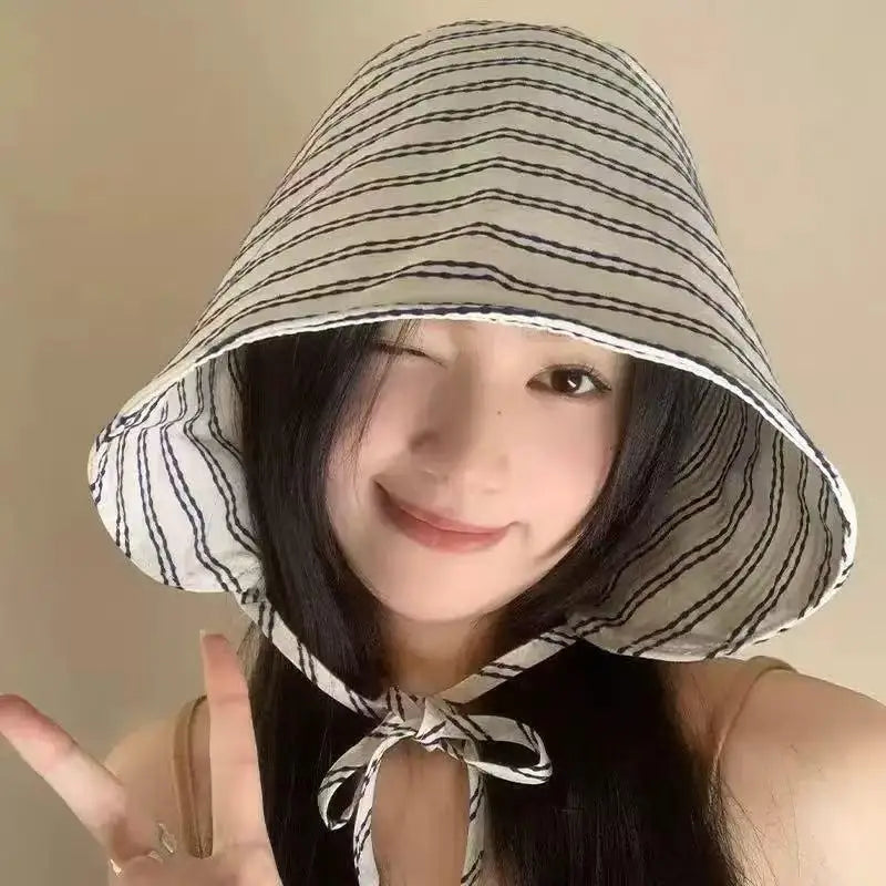 Bucket Hat Wide Brim Floral Pastoral French Striped Lace Up Sun Protection for Outdoor Summer Events Vue Black