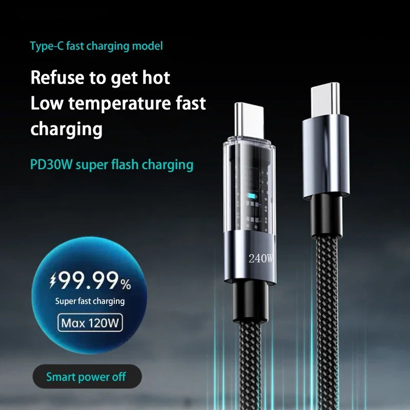 240W Charging Cable Nylon Super Fast USB Type C For Samsung Xiaomi Huawei Honor LED Digital Display USB C Charger Data Cord Vue