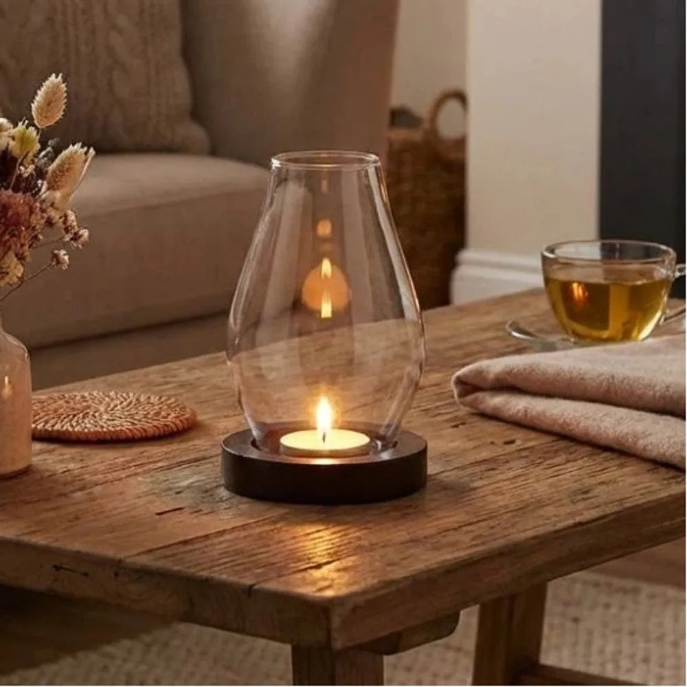 Windproof Glass Candle Holder Transparent Vintage Style Candle Cup Cover Heat-resistant Solid Wood Base Incenses Stove Lamp Vue
