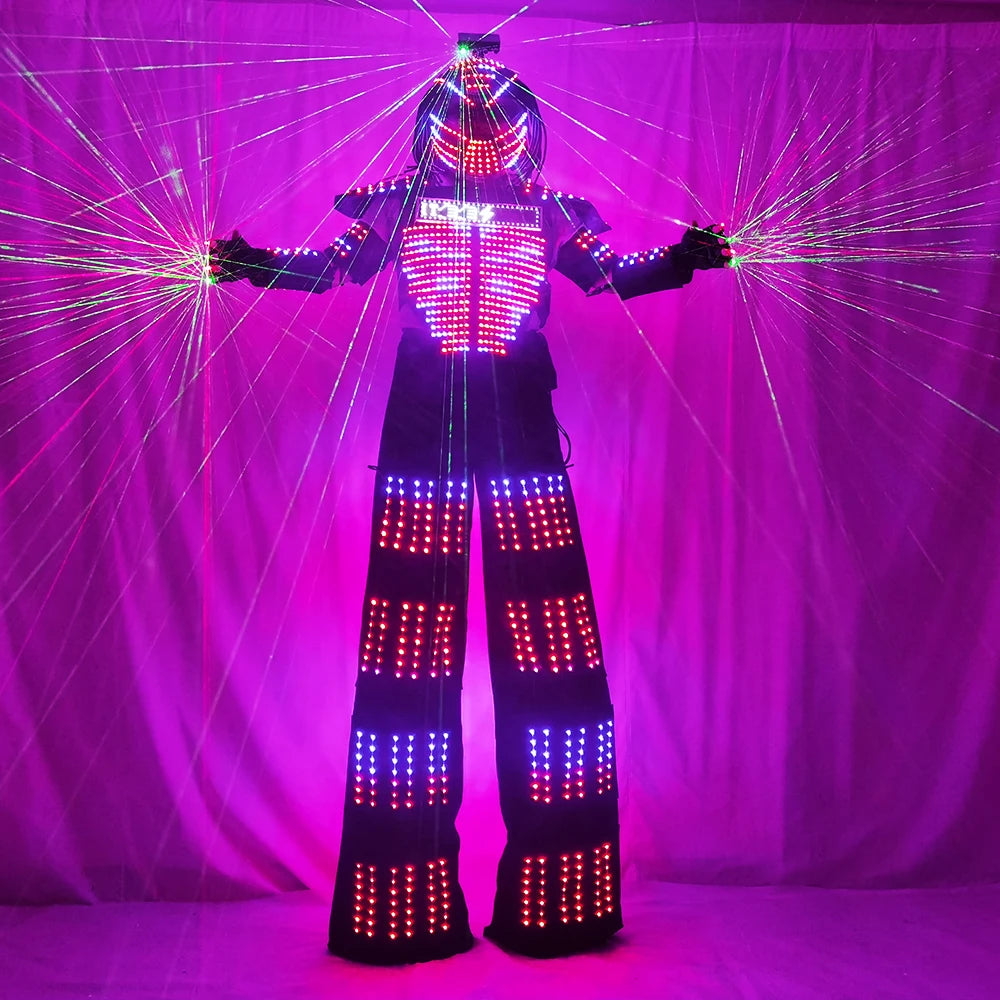 LED Robot Costume for Women Stilt Walking Light-Up Suit RGB Remote Control Glowing Outfit with LED Gloves for Party Parade Carni Vue