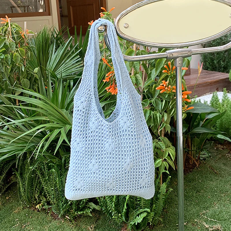 Hollow Out Knitted Weave Shoulder Bag Solid Braided Shopper Tote