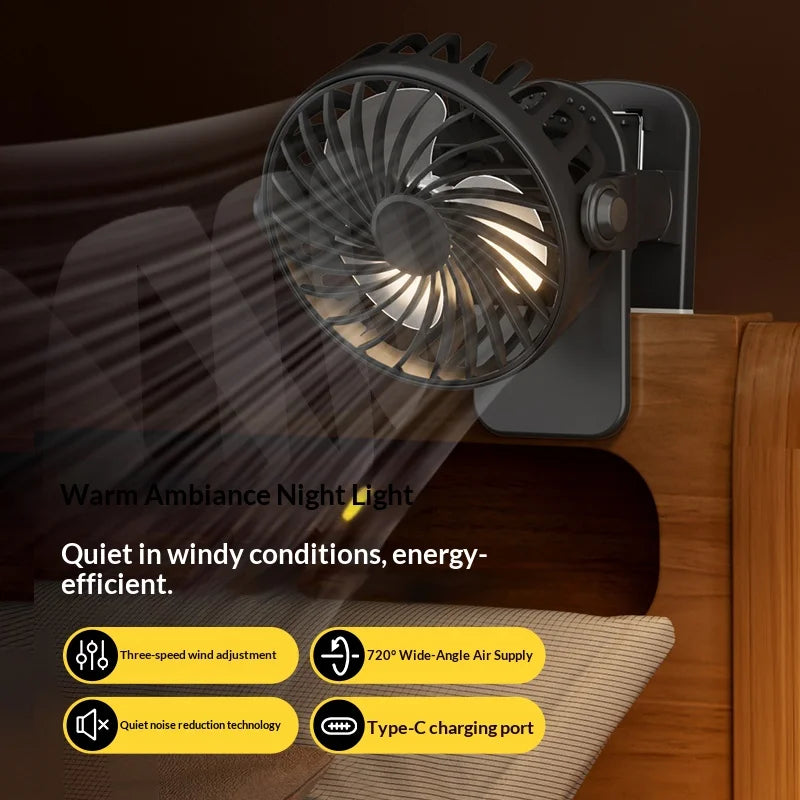 HOMEFISH Portable Rechargeable Clip Fan 720° Rotatable Hanging Fan with Night Light Air Cooler for Outdoor Camping Ventilador Vue