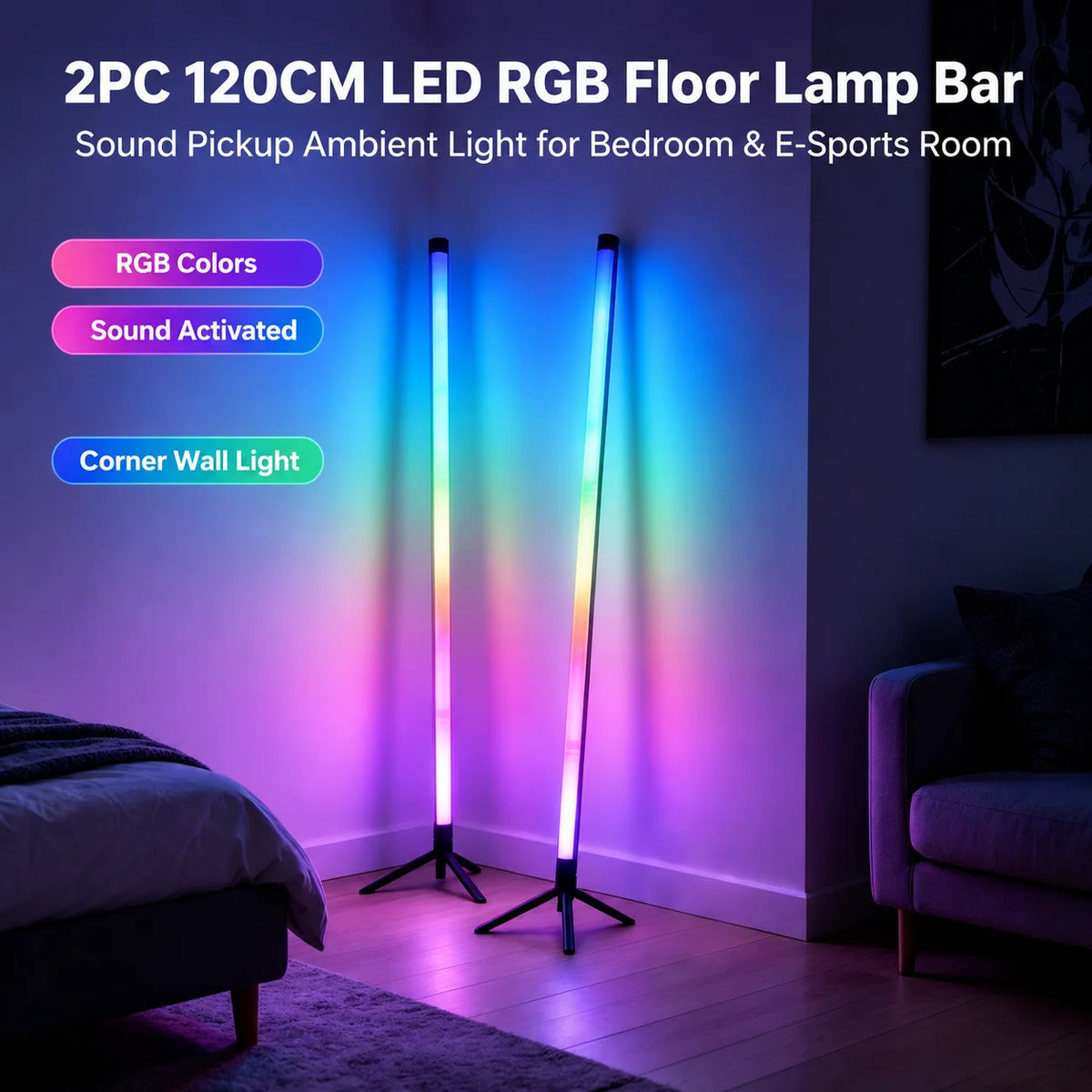 2PCS 120CM RGB Floor Lamp, Sound Reactive LED Corner Light Bar, Ambient Lighting for Gaming Room Bedroom E-Sports Setup Vue