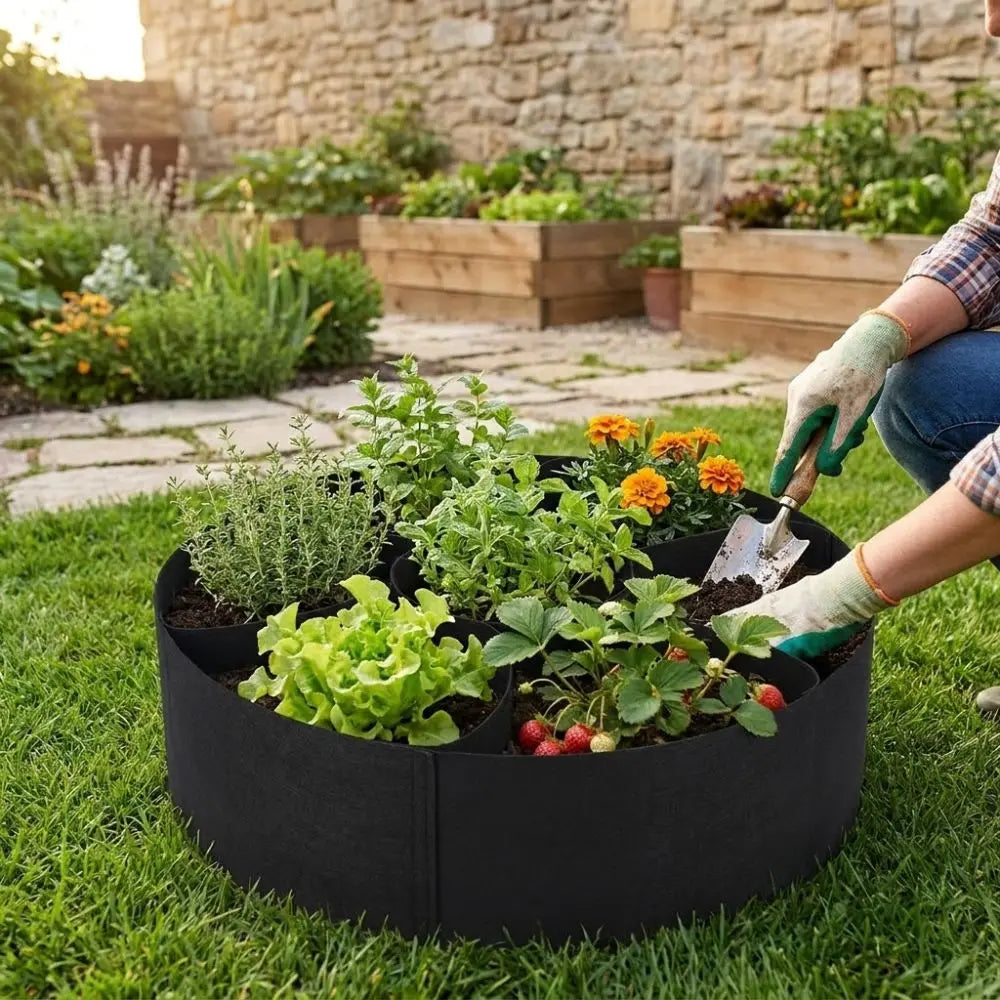 7 Grids Garden Grow Bags Circular Freestanding Divided Planter Heavy Duty Felt Root Aeration Plant Nursery Vue