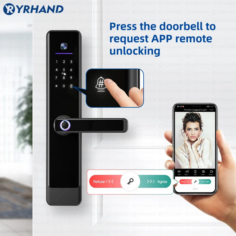 YRHAND Tuya Wifi Video Intercom Lock Remote Unlocking Digital Electronic Biometrics Waterproof Smart Door Lock For Home Vue