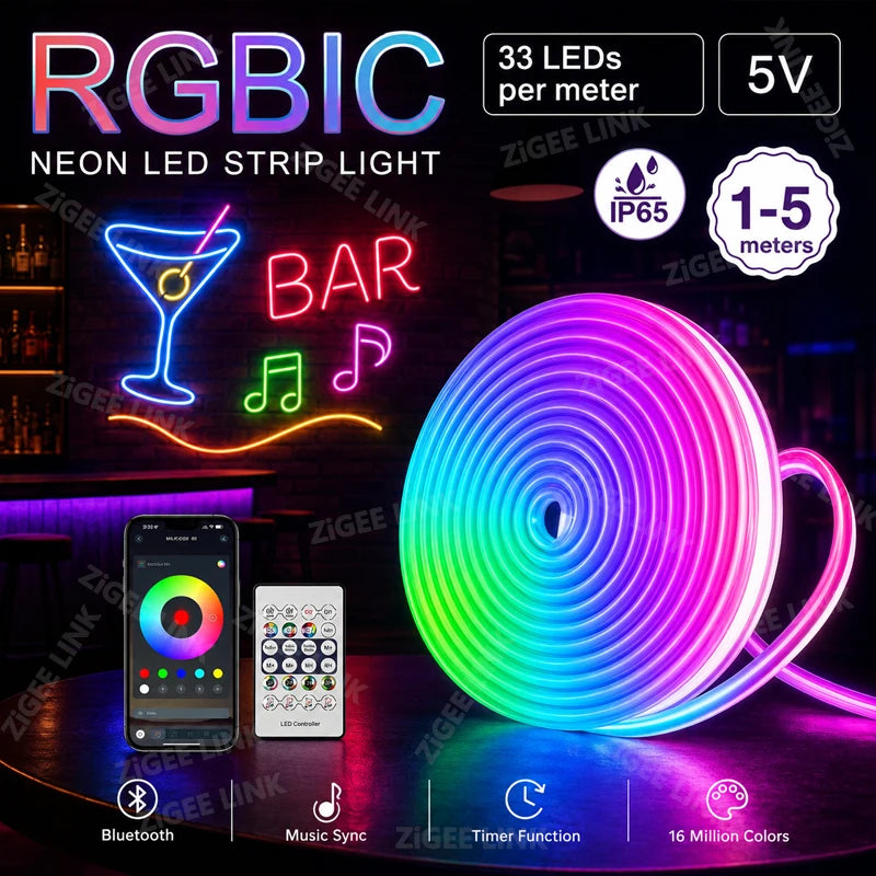 5V USB RGBIC Neon LED Strip Lights with Bluetooth APP Control Music Sync Waterproof Flexible Tape for Gaming Room Party Decor Vue