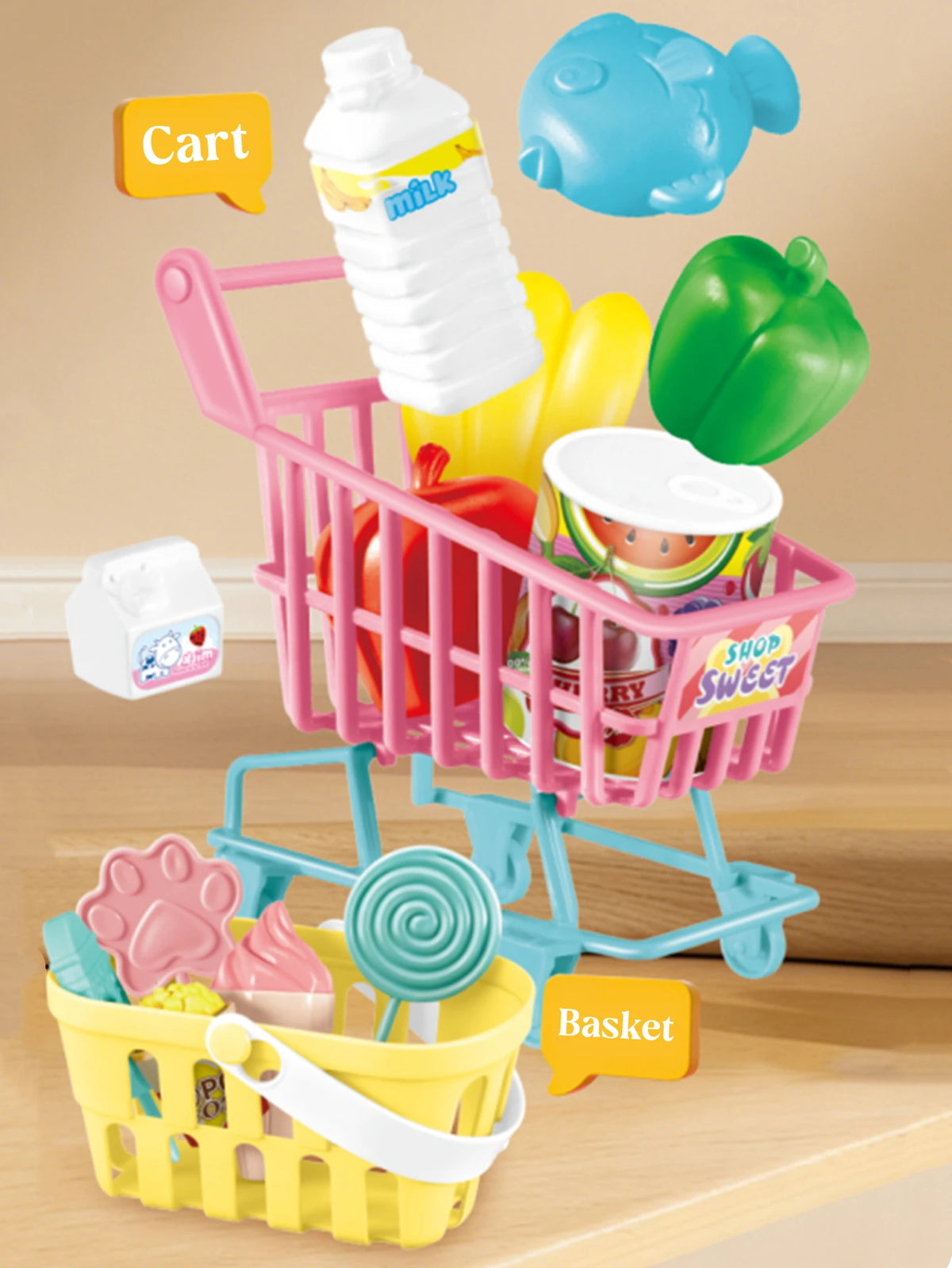 Mini Cartoon Cash Register with Lights:Supermarket Simulation with Scanning, Calculate,Cart—Interactive Parent-Child Toy Set Vue