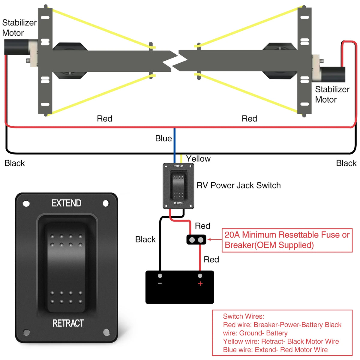 Nilight RV Electric Stabilizer Jack Switch Power Rocker Switches Extend Retract ON Off ON Momentary Waterproof with Harness for Trailer Boat Truck Linear Actuator Vue