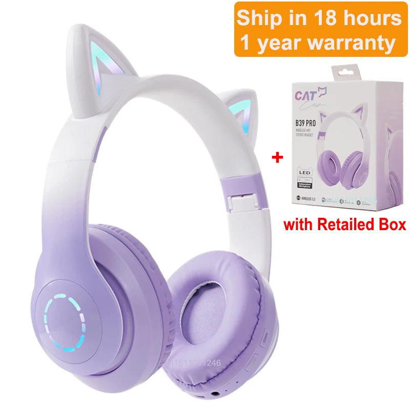 Cat Ears Headphones Flash Light Wireless With MIC Control LED Kid Stereo Cute Music Bluetooth Phone Headset Earphone Girls Gift Vue Type 3 with box 1