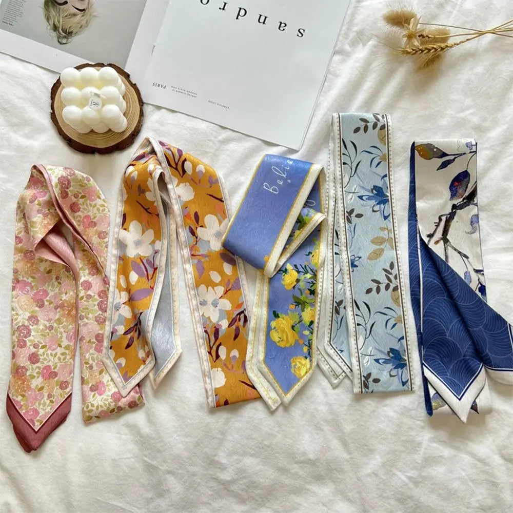 Versatile Fresh Floral Satin Silk Ribbon Scarf Women Summer Long Thin