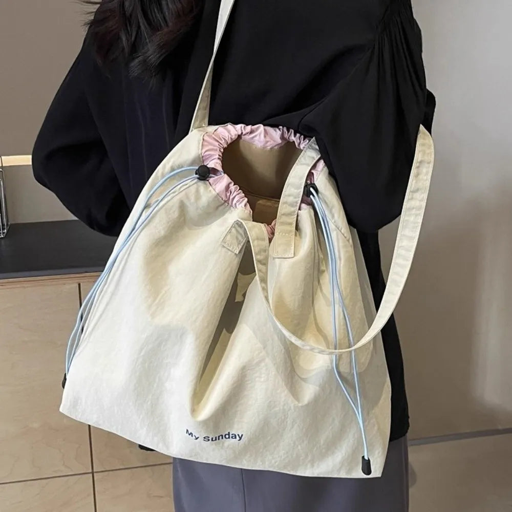 Large Capacity Tote Bag Canvas Lightweight Shoulder Drawstring Women