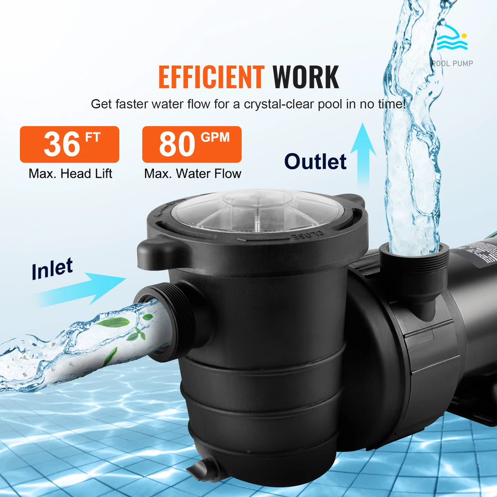 Above Ground Pool Pump 1HP–2HP Single Speed w/ Filter Basket Pool Pump Vue