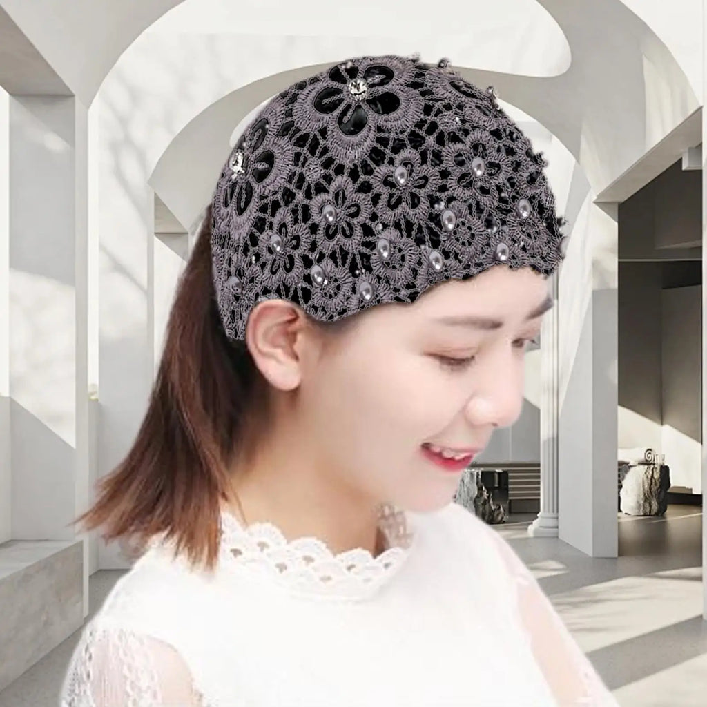 15x25CM Lace Headband Wide Floral Pearl Elastic Hair Scarf Sweat Wicking Hair Accessories for Women Yoga Gym Sports Running Vue