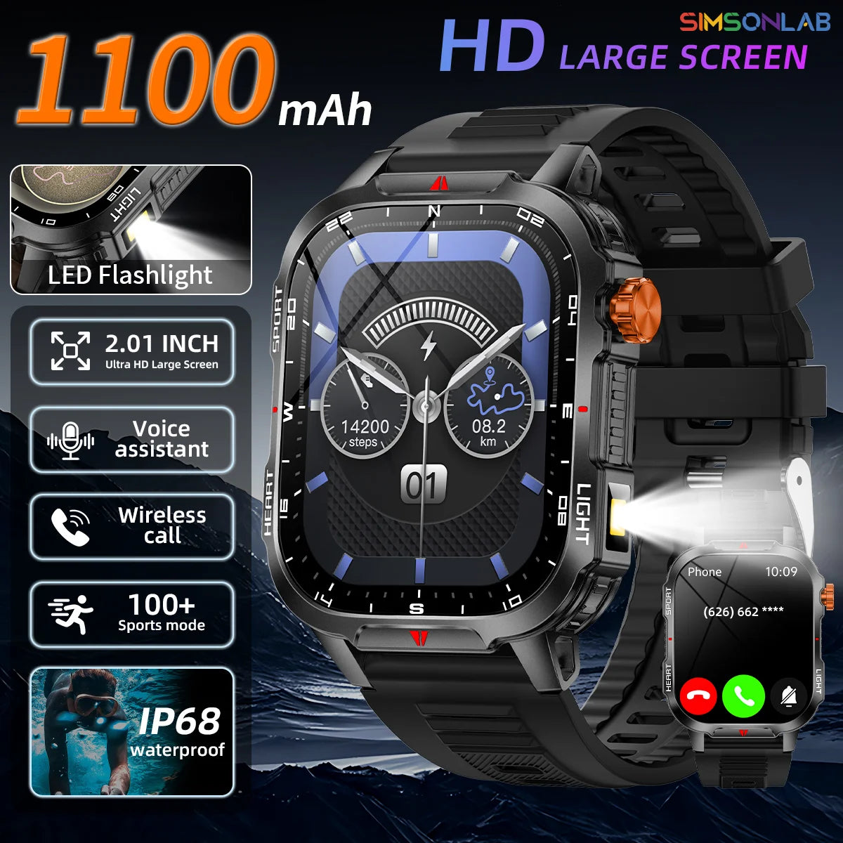 2025 New Smart Watch Voice Assistant 2.01"HD Screen Bluetooth Call Waterproof 1100mAh Big Battery Compass Outdoor Sport Watches Vue