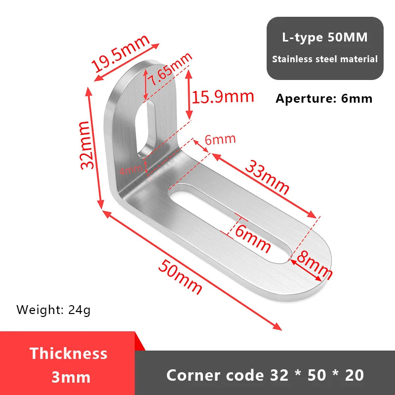 1PCS L-shaped Stainless Steel Adjustable Angle Code Long Hole Activity 90 ° Right Angle Furniture Fixer Shelf Bracket Connector Vue 1 Silver