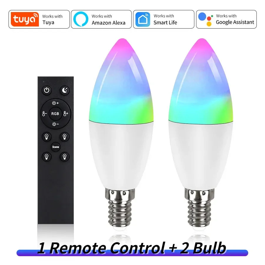 Tuya Wifi Led Bulb E14 220V Smart Life Candle Light with RF 2.4G Remote Group Control Alexa Google SmartThings Dimmable RGB Lamp Vue 2 bulbs 1 remote 220V Wifi RF2.4G 7w