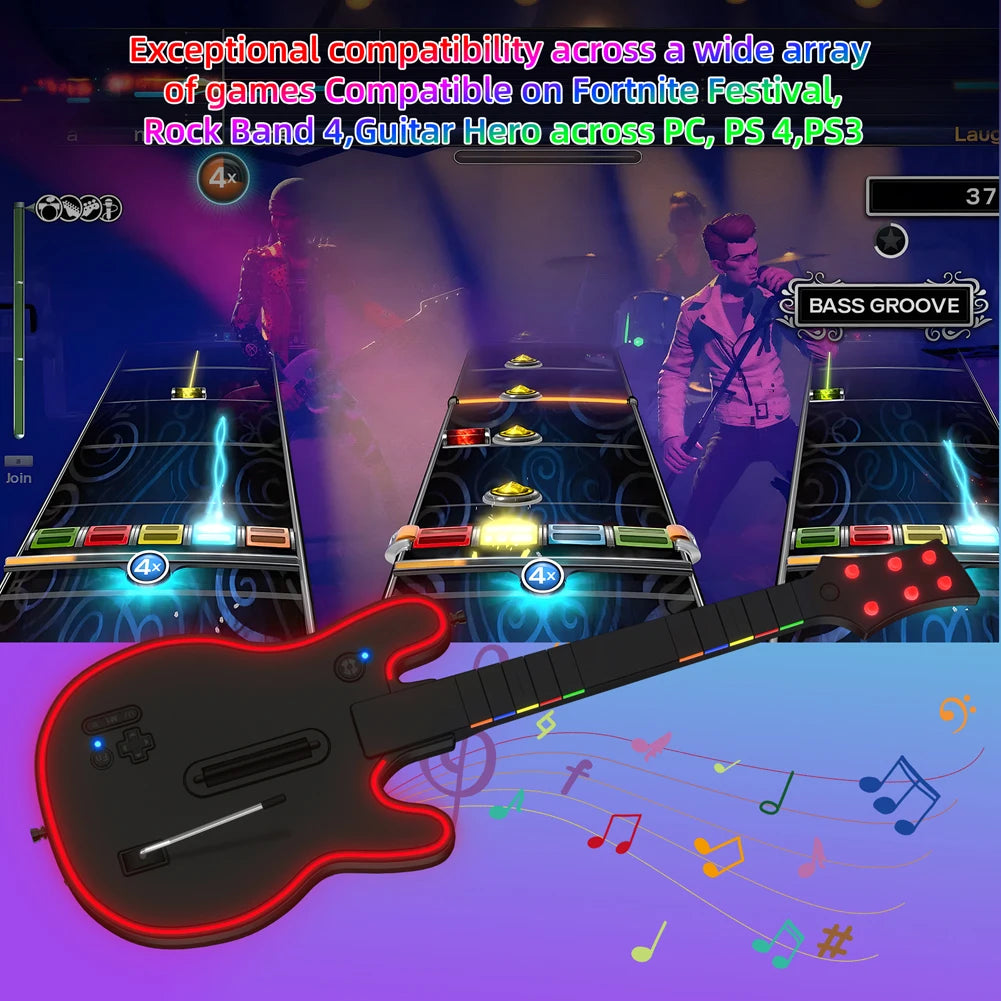 Wireless Guitar Controller with Strap & Wireless Dongle Wireless PC Guitar Controller Console Gamepad for PS4 PS3 PC Guitar Hero Vue