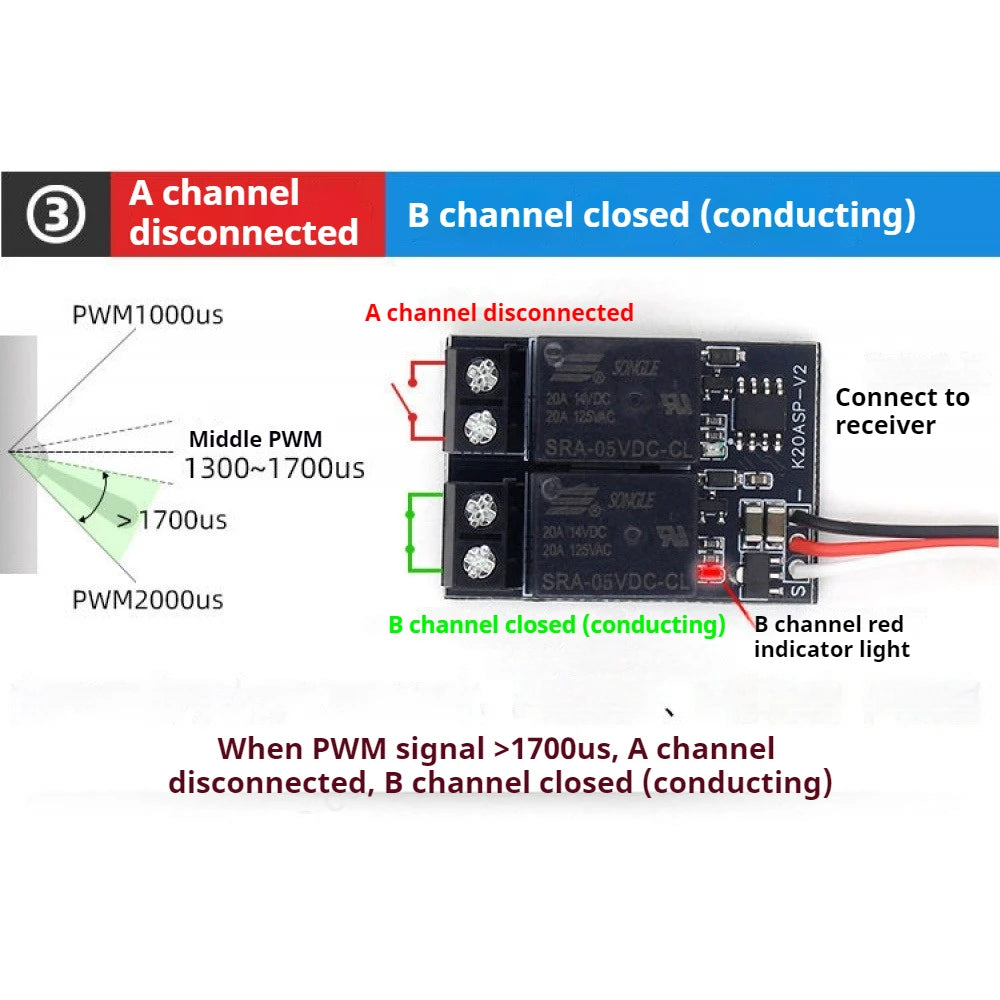 2 Channel PWM Relay Switch RC Model Electronic On/Off Switch Relay 4.8-10V BEC 1000-2000us Signal for RC Car Boat Plane Rocket Vue