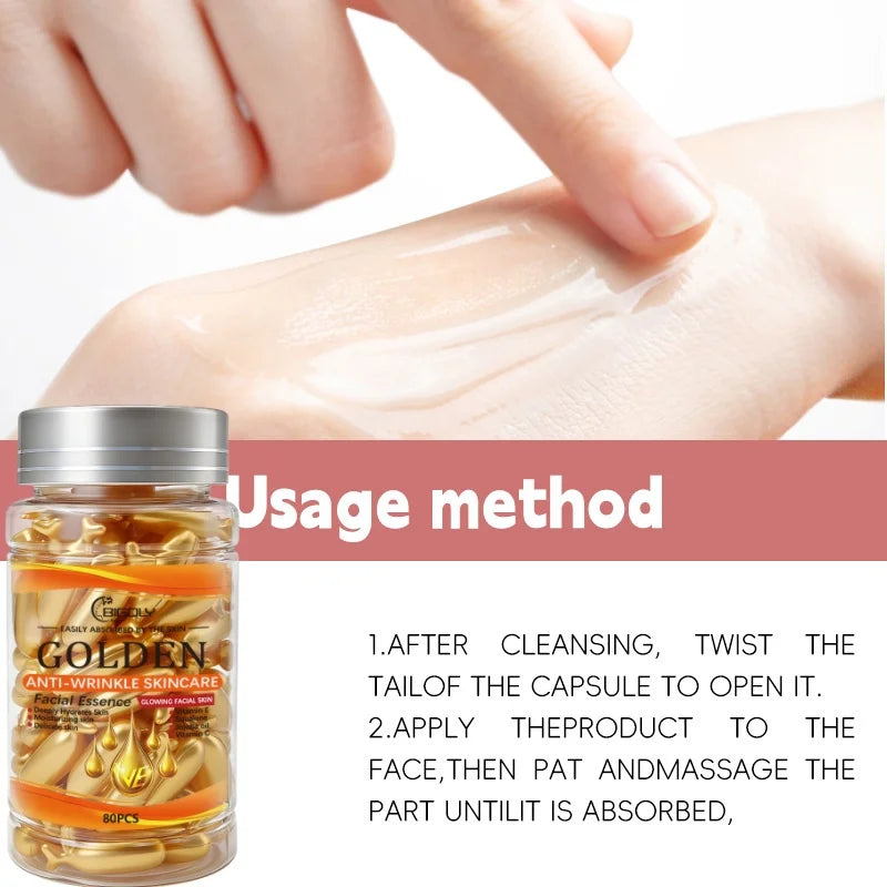 80 Capsules of Facial Anti-Wrinkle Serum, Rich in Vitamins C, E, and Squalane, Moisturizes and Nourishes the Skin, Making It Smooth and Delicate, Packaged in Capsule Form, Hygienic and Portable Vue