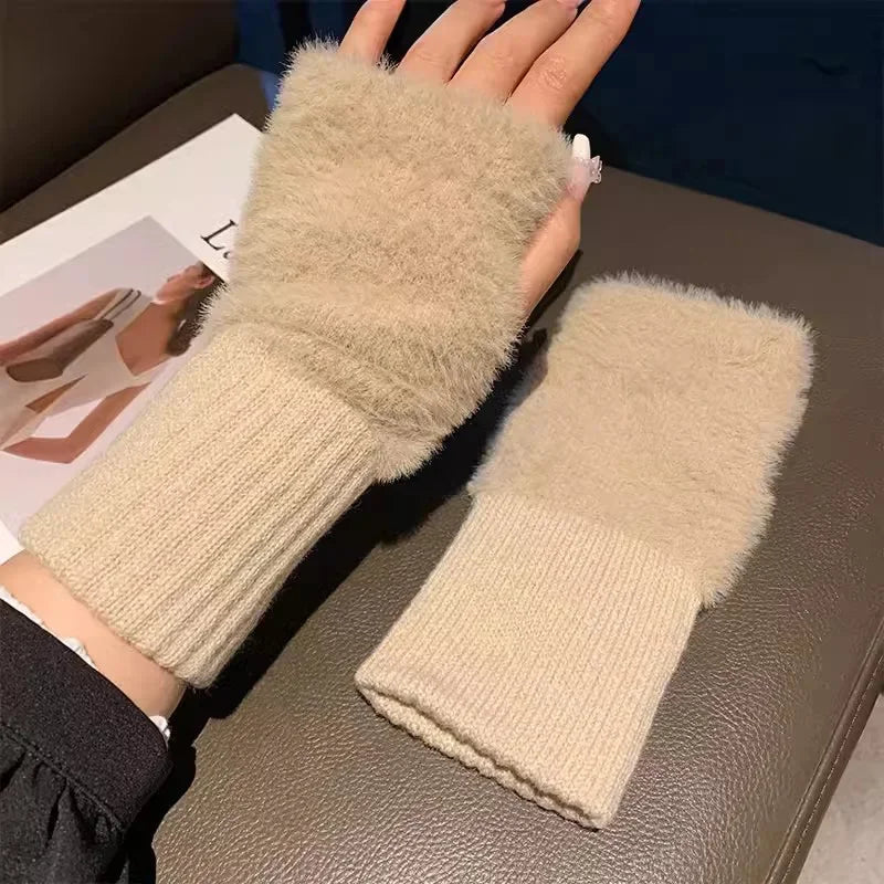 Mink Fleece Soft Winter Half Finger Gloves Women Warm Luxury Solid White Plush Knitted Fingerless Gloves Wrist Mittens Writting Vue