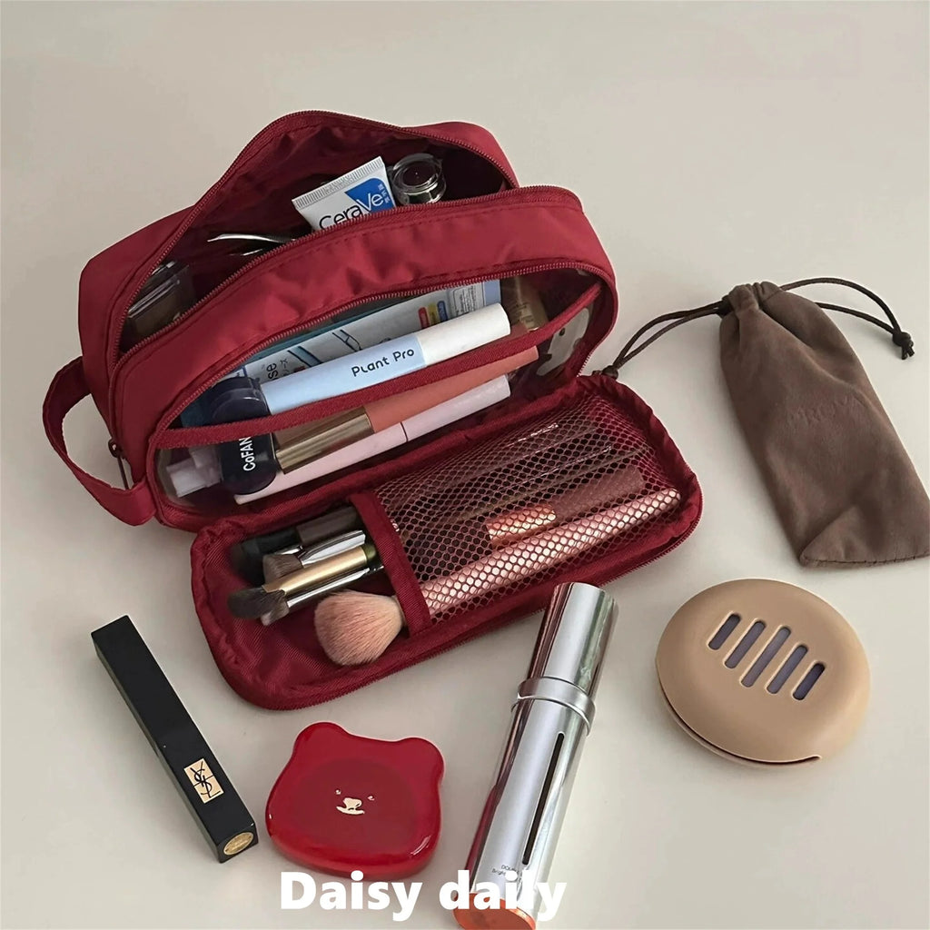 Double Layer Cosmetic Bag Nylon Travel Makeup Organizer Large Capacity Toiletry Bag Multifunction Pencil Case Brush Holder Vue