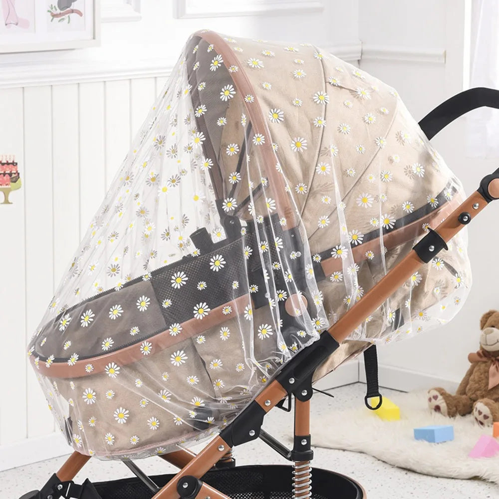 Fully Covered Baby Cart Sunshade Mosquito Net Breathable Vue White-Daisy