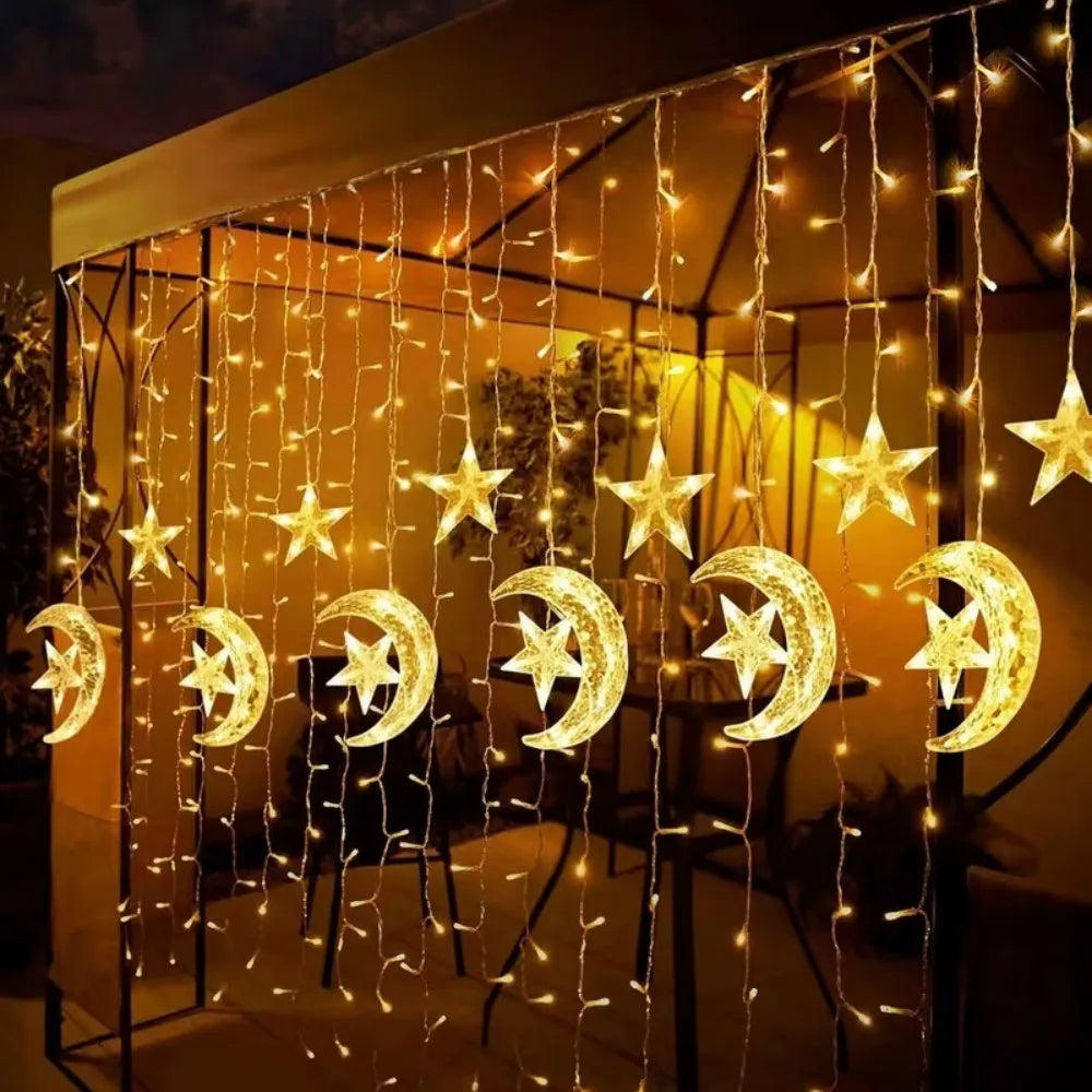 1PC 3.5M120LED Moon&Star LED curtain light,powered by 3AA batteries(excluding batteries),used for Ramadan room decoration Vue