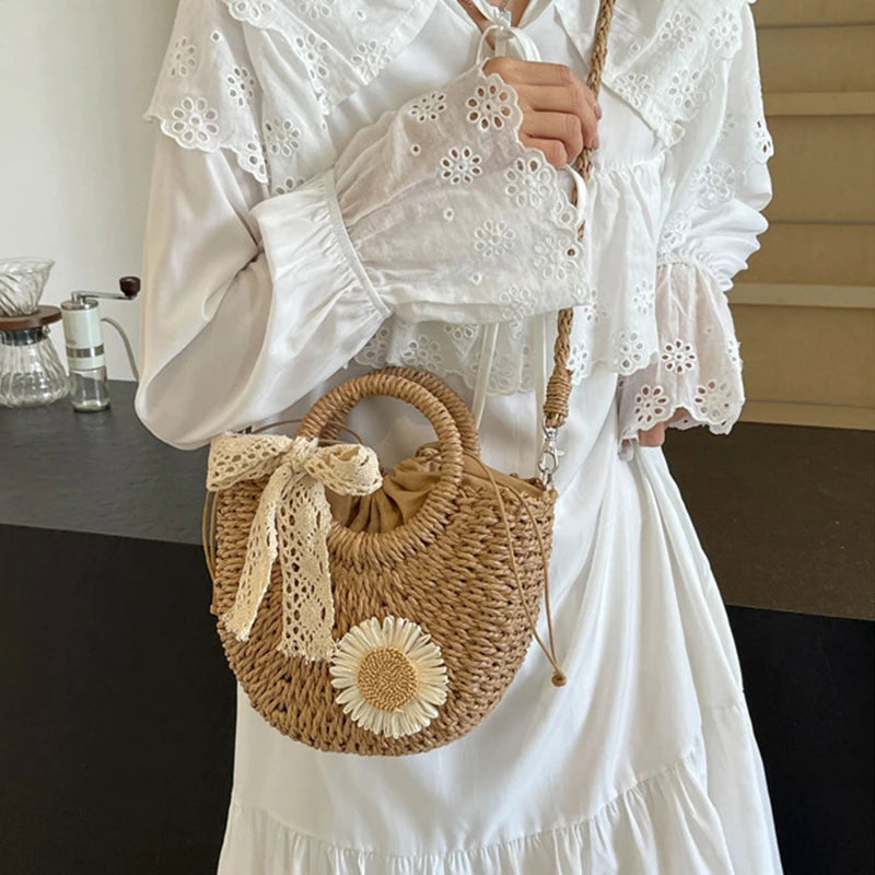 Handwoven Straw Rattan Half-moon Beach Handbag Small Women Summer