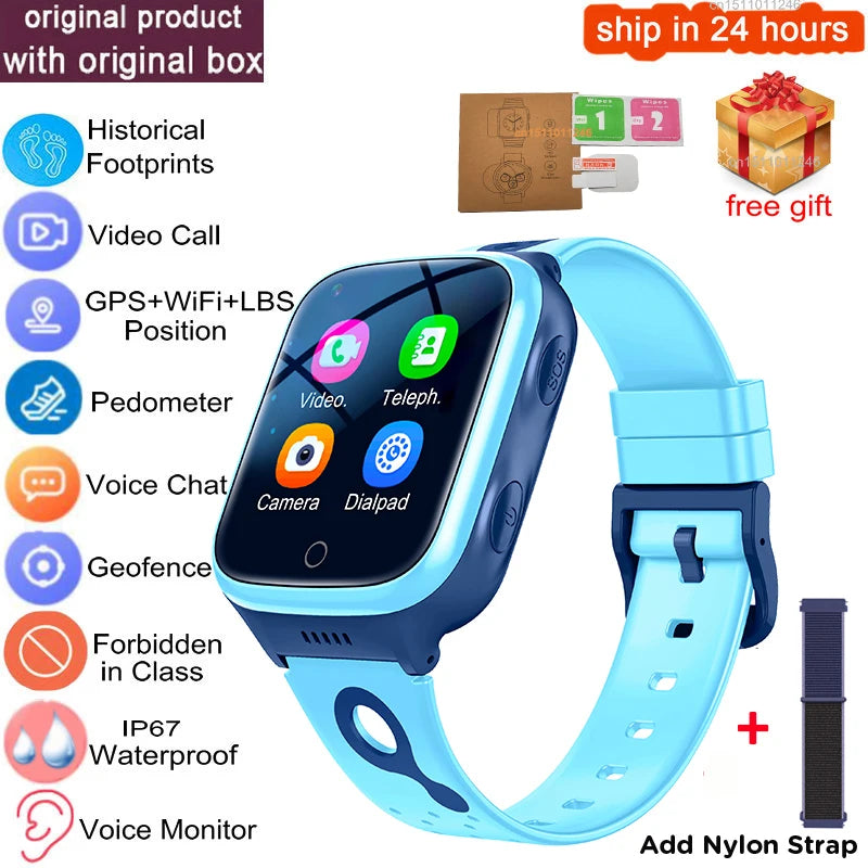 KGG 4G Smart Watch Kids GPS WiFi 1000mAh Video Call Tracker Location SOS Call Back Monitor Phone Watch Smartwatch Children Gifts Vue add Nylon strap Asia version