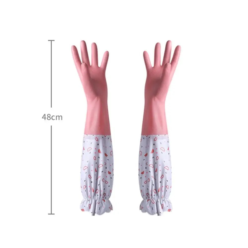 Latex Rubber Dish Washing Gloves Elastic Cuffs Velvet Winter Cleaning Gloves Long Sleeve Waterproof Housework Gloves Vue Pink-A