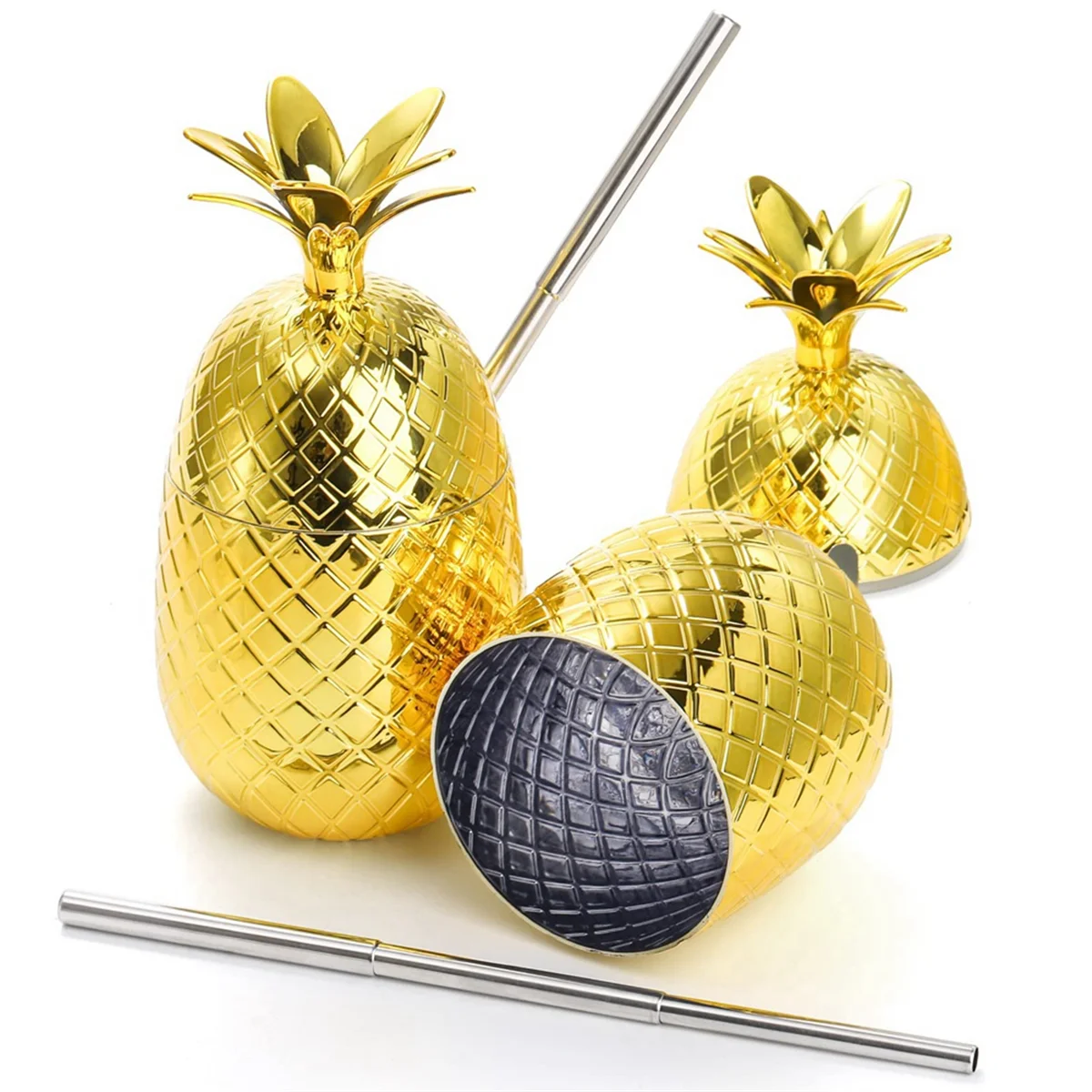 2 Pack Pineapples Drink Cups, 450Ml Gold Pineapples Tumbler with Stretched Straw, Hawaiian Luau Party Cups Vue
