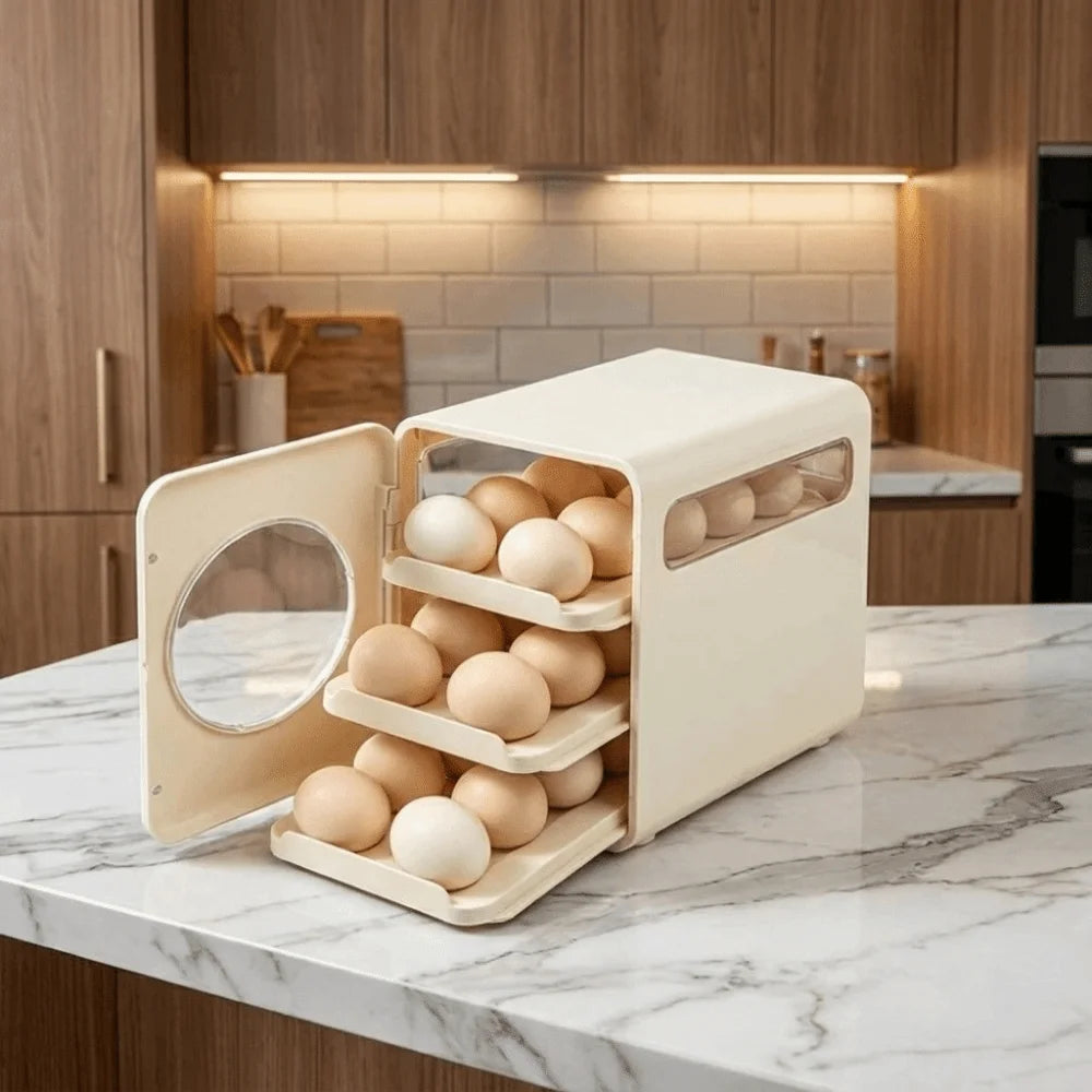 Visible 3 Tier Egg Storage Box Transparent Drawer Type Rolling Egg Dispenser PET Space Saving Refrigerator Egg Organizer Kitchen Vue