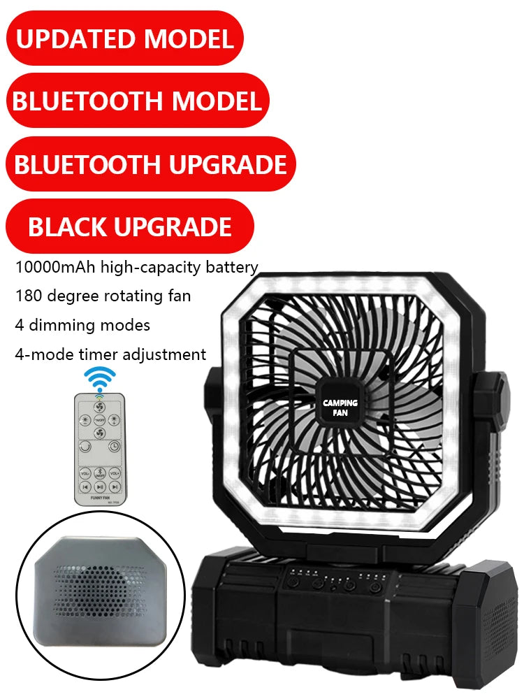 4-in-1 Multifunctional Fan with LED Light USB Outdoor Power Bank And Bluetooth Speaker—Ideal For Outdoor Camping And A Desk Fan Vue black Pro