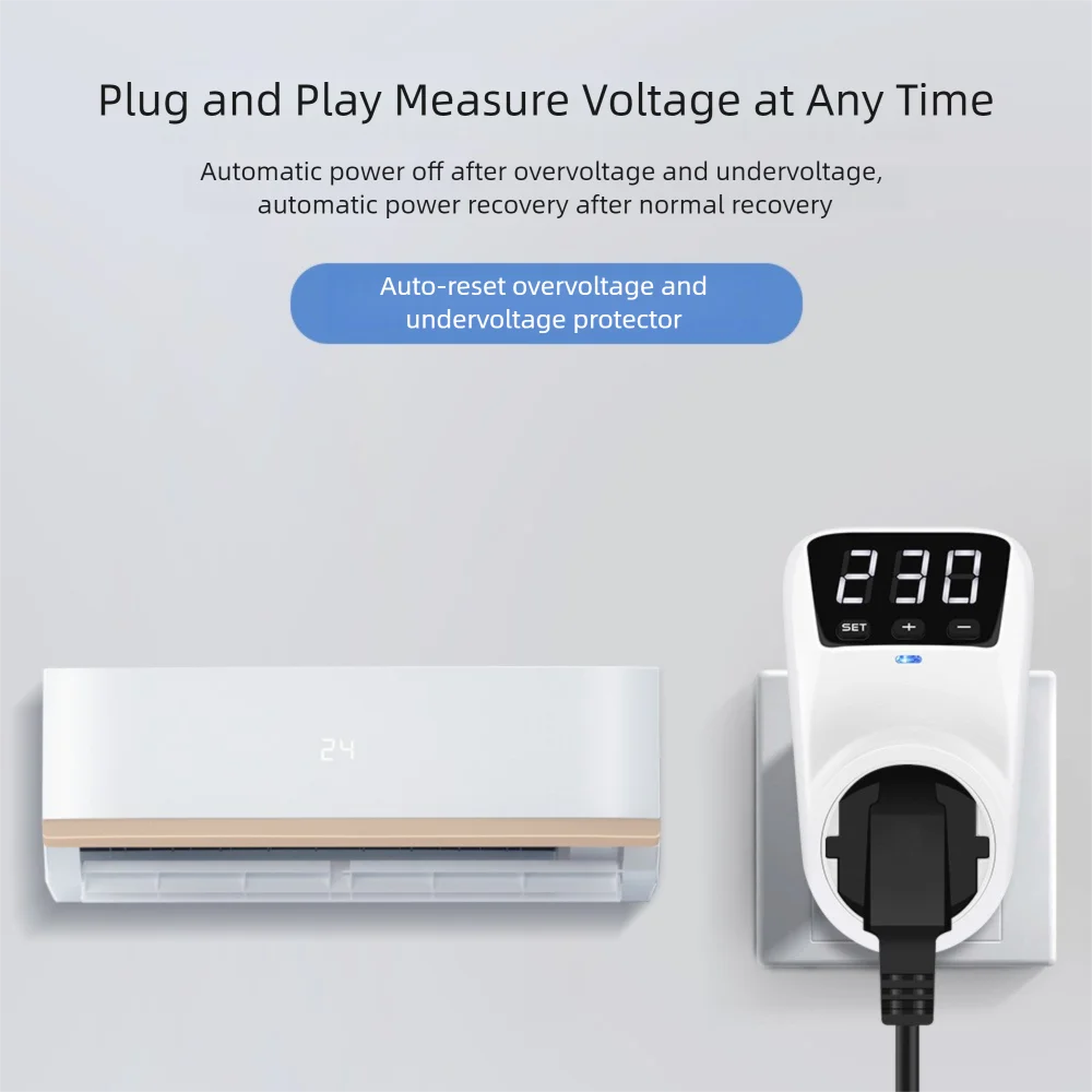 Automatic Voltage Protector Switch 16A 230V 3680W Adjustable Power Surge Protecctor EU Socket Volt Safe for Home Appliances Vue